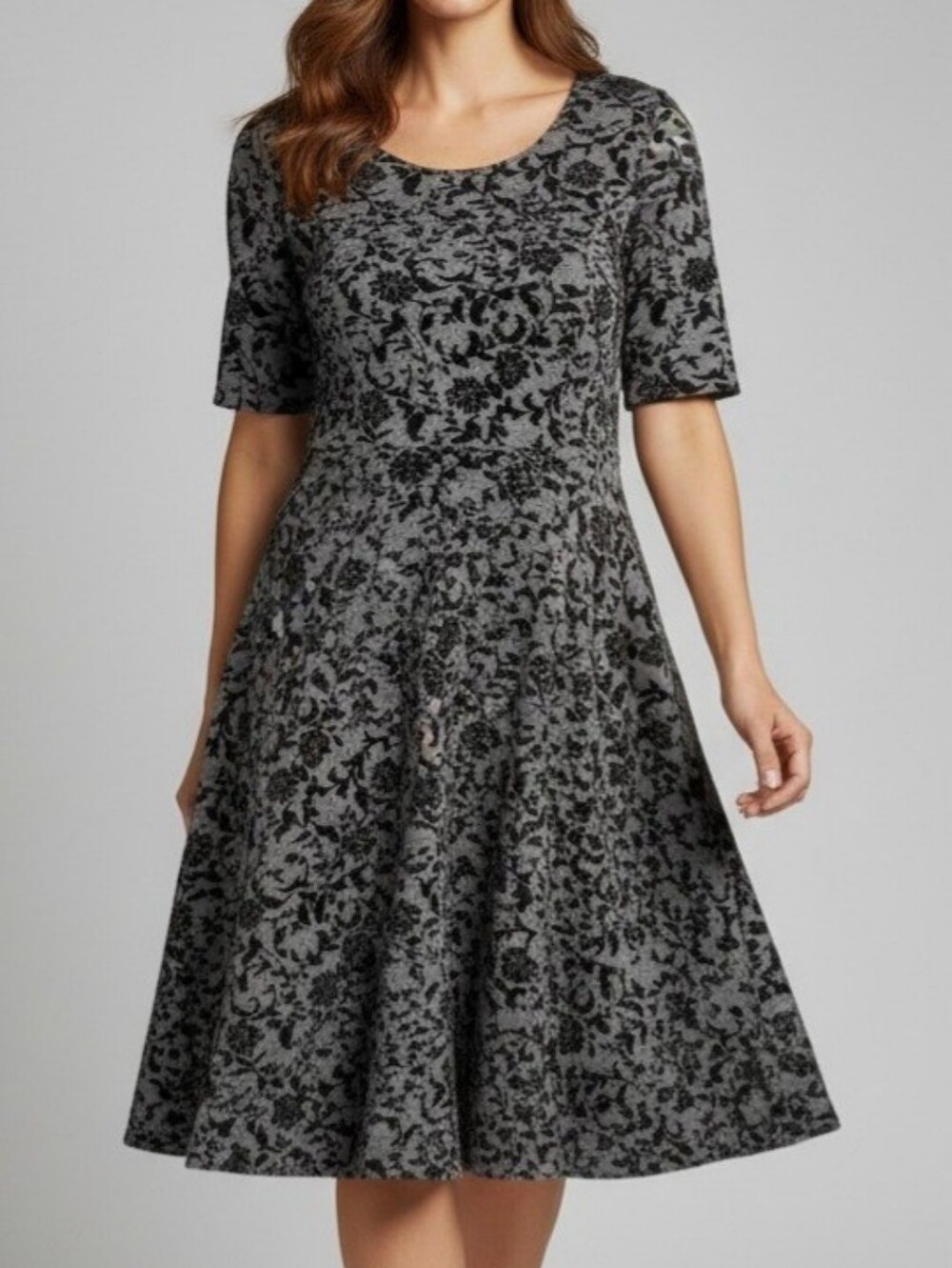 Classic Lands' End Gray and Black Velvet Flocked Floral Dress Womens Size Medium